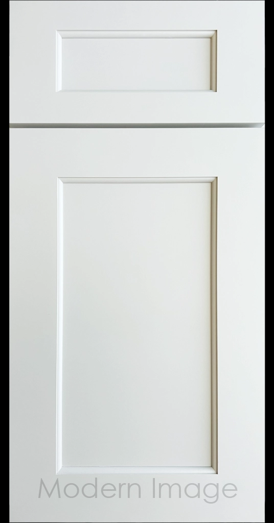 Carlsbad II Shaker kitchen cabinets with distinct line detailing in Dew white.